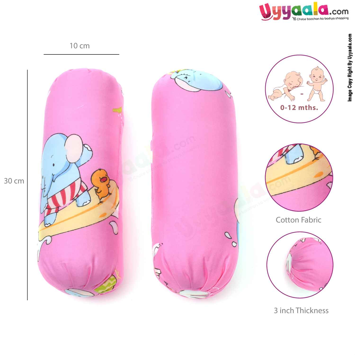 Baby soft cotton Bolster pillow with elephant print - pink (small)