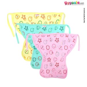 COZYCARE Washable Diapers Hosiery Tying Mode Emoji Print Yellow, Green & Pink 3P Set (M)