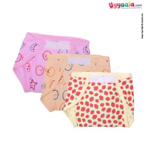 COZYCARE Washable Diapers Hosiery Velcro Emoji Print Pink, Orange & Strawberry Print Yellow 3P Set (M)