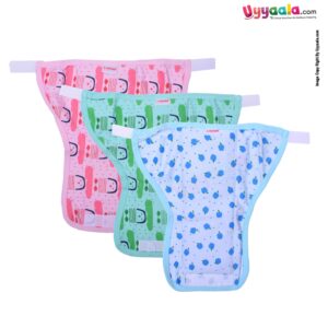 COZYCARE Washable Diapers Hosiery Velcro Penguin Print (Pink, Green) & Apple Print (Blue) 3Pcs Set (SS)