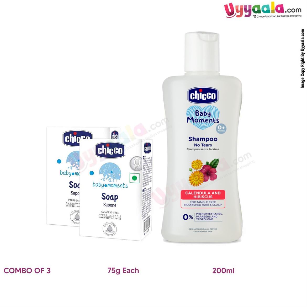 CHICCO Baby moments combo pack(Moisturizing soaps - 2 pcs, 75g each  & no tears shampoo - 200ml)