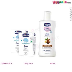 CHICCO Baby moments combo pack(Moisturizing soaps - 2 pcs, 125 g each  & Body lotion - 200 ml)