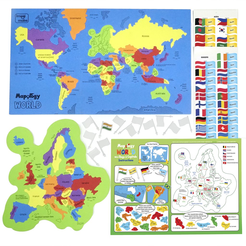 MALPOLOGY WORLD with flags & capitals map puzzle with countries for kids 78 pcs