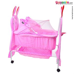 COOL BABY Rabbit Shape Cradle With Mosquito Protection Net, Storage Space & Wheel Locking System - Pink, Red
