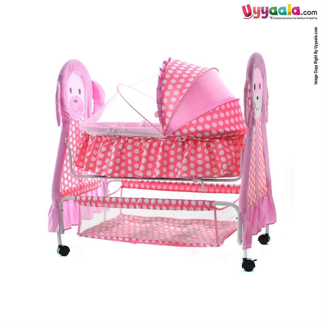 COOL BABY Puppy Shape Cradle With Mosquito Protection Net, Storage Space & Wheel Locking System - Pink