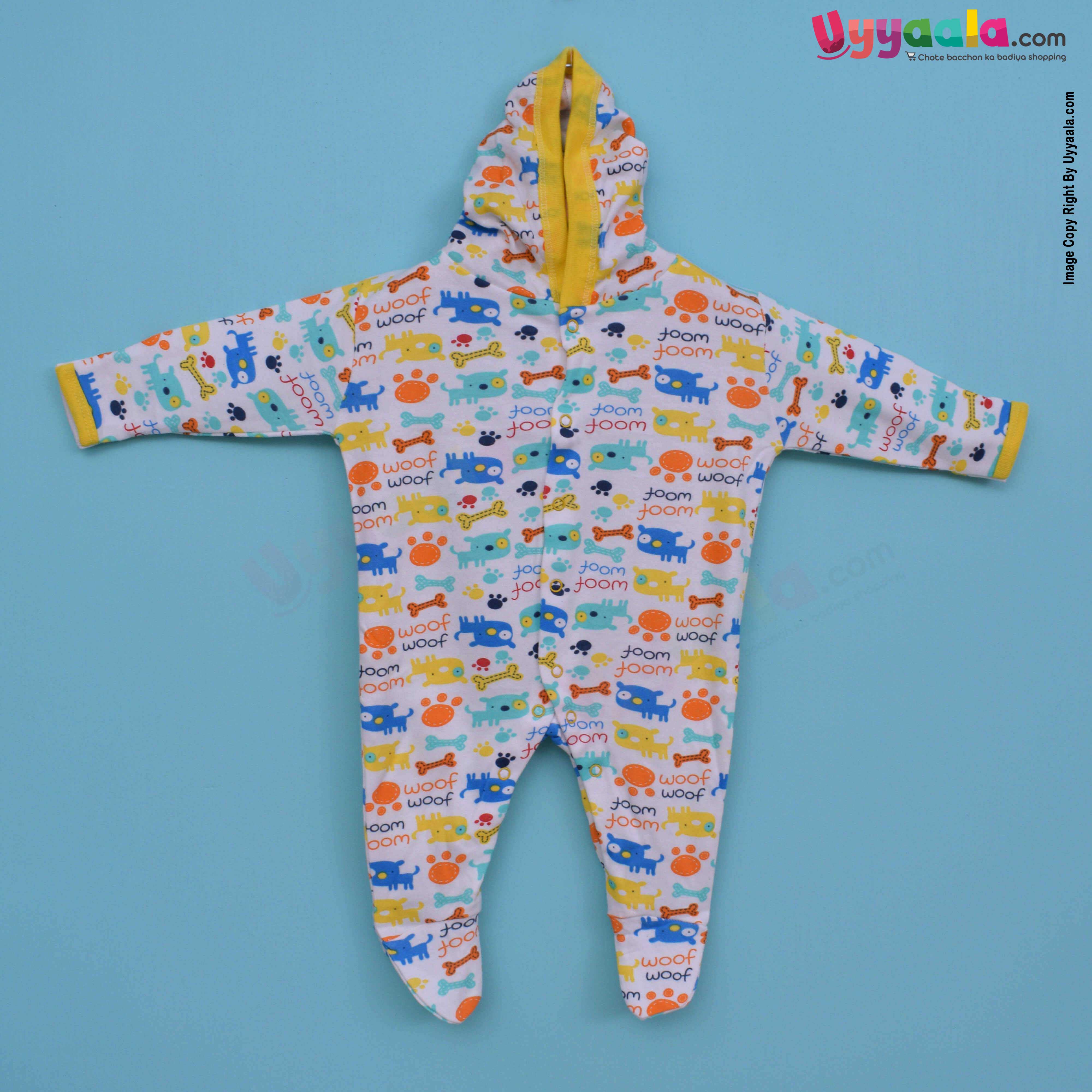 MAGIC TOWN Hooded Sleep Suits Hosiery Blue, Red & White Stripes & Elephant Print White 2P Pack, 3-6m Age