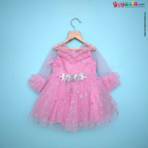 KALKI 3/4th Sleeves Baby Frock with Flared Hem & Frills, Baby Fashion Wear, (1129) - Pink & Magenta