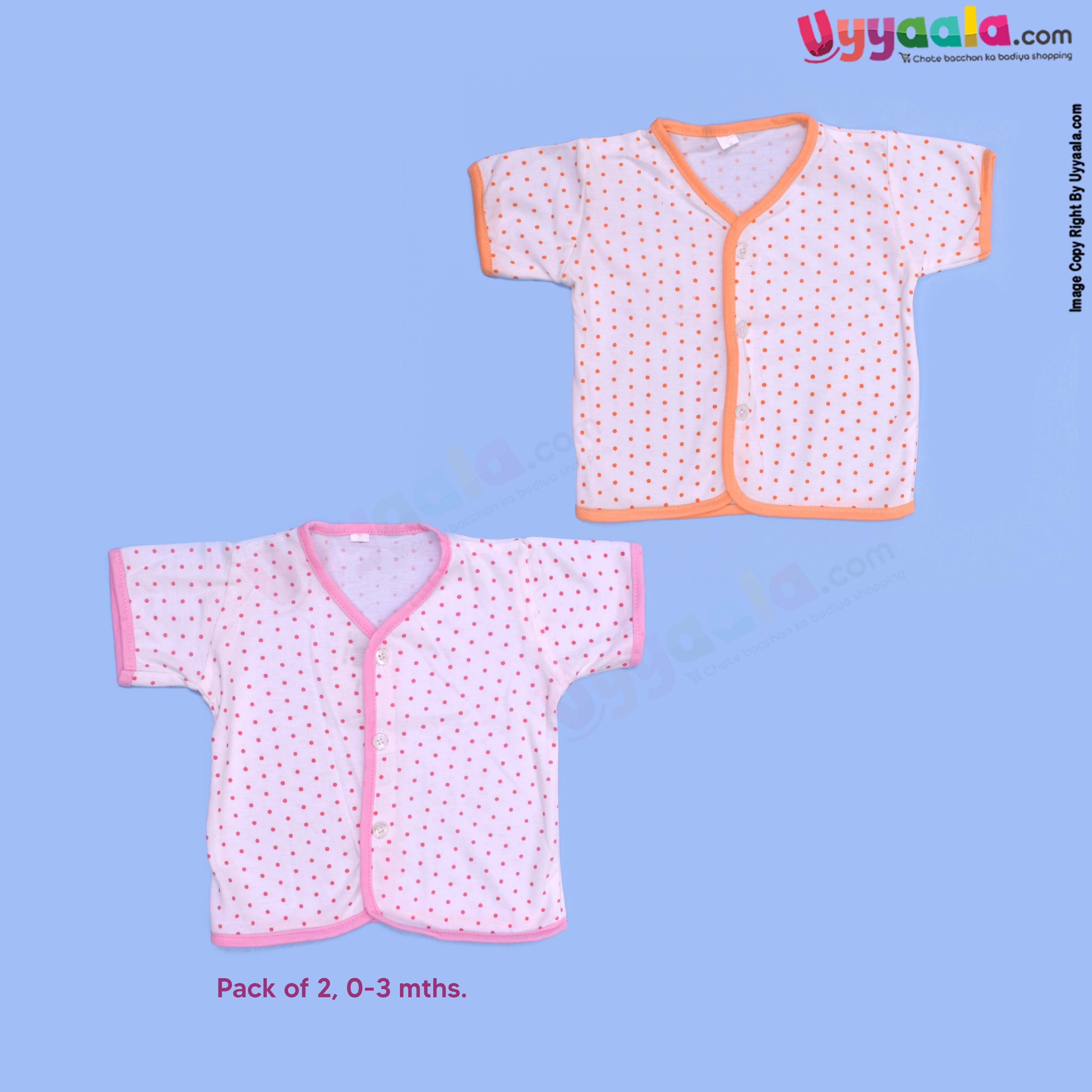 New born half sleeve hosiery cotton front open baby jablas - white with pink & orange polka dots