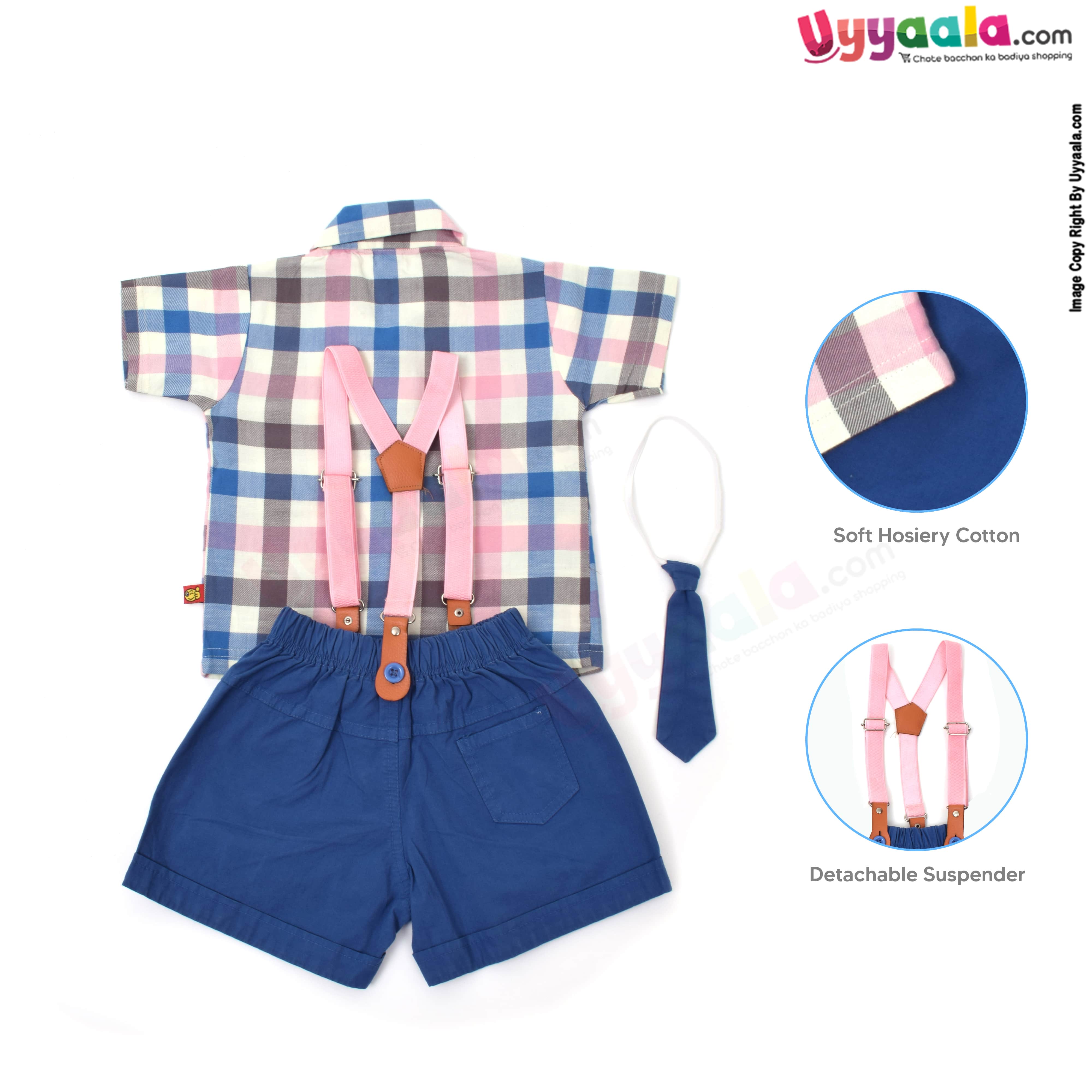 WOW, Branded Short Sleeves Romper with Tie & Suspender Front open Button Model Soft Hosiery Cotton, Checks Print - Multicolor