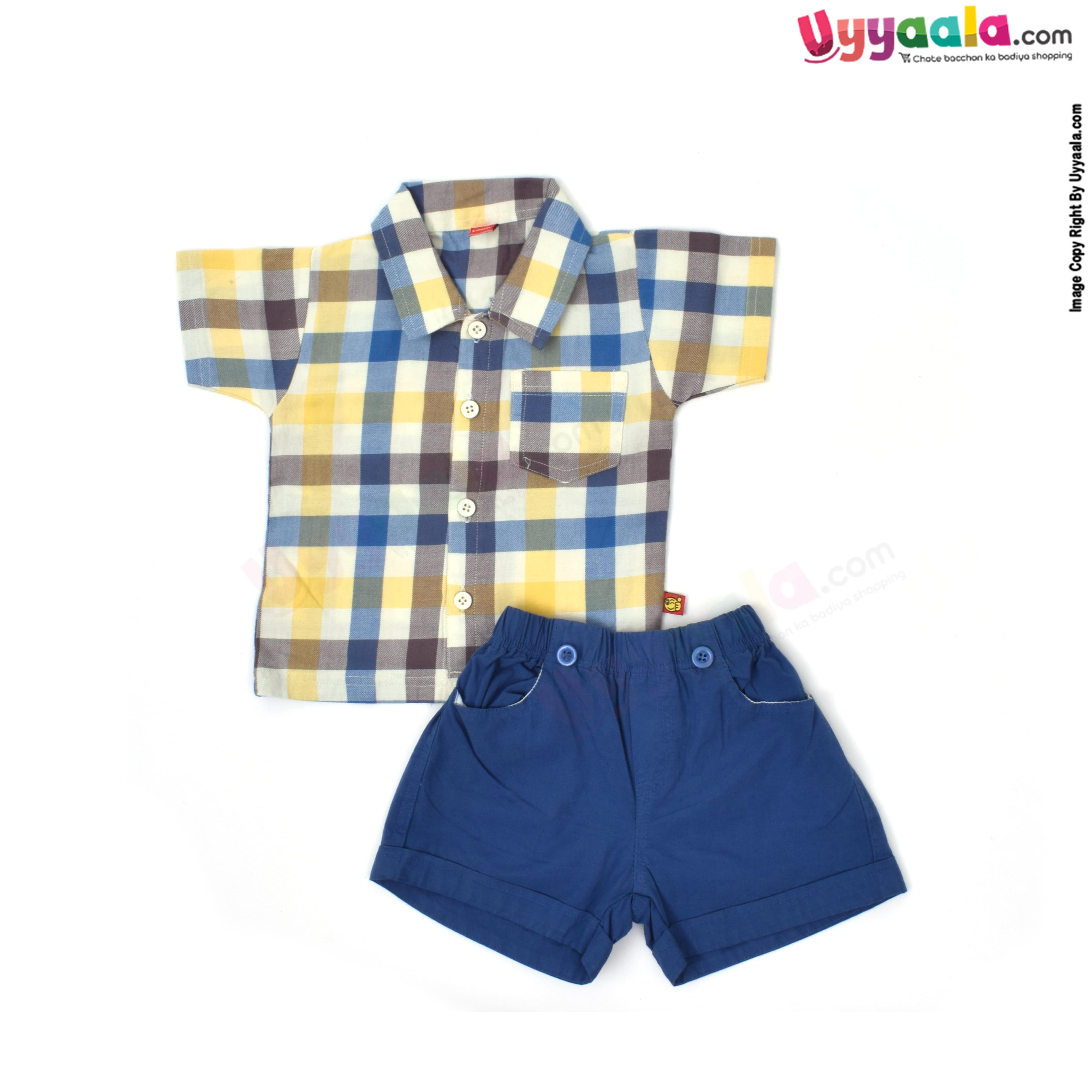 WOW, Branded Short Sleeves Romper with Tie & Suspender Front open Button Model Soft Hosiery Cotton, Checks Print - Multicolor