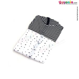 MAGIC TOWN Hooded Sleep Suits For Newborn Babies, 2Pcs - Stripes & Star Print, Black & Grey