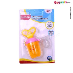 LUVLAP Food & Fruit Silicone Nibbler with rattle & Extra Silicone Mesh Sack 6+m Age - Pink, Orange