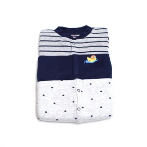 Precious One Sleep Suit Hosiery Stripes Print Gray & Blue, Plain Blue and Heart Printed Gray 3P Pack  0 - 3m