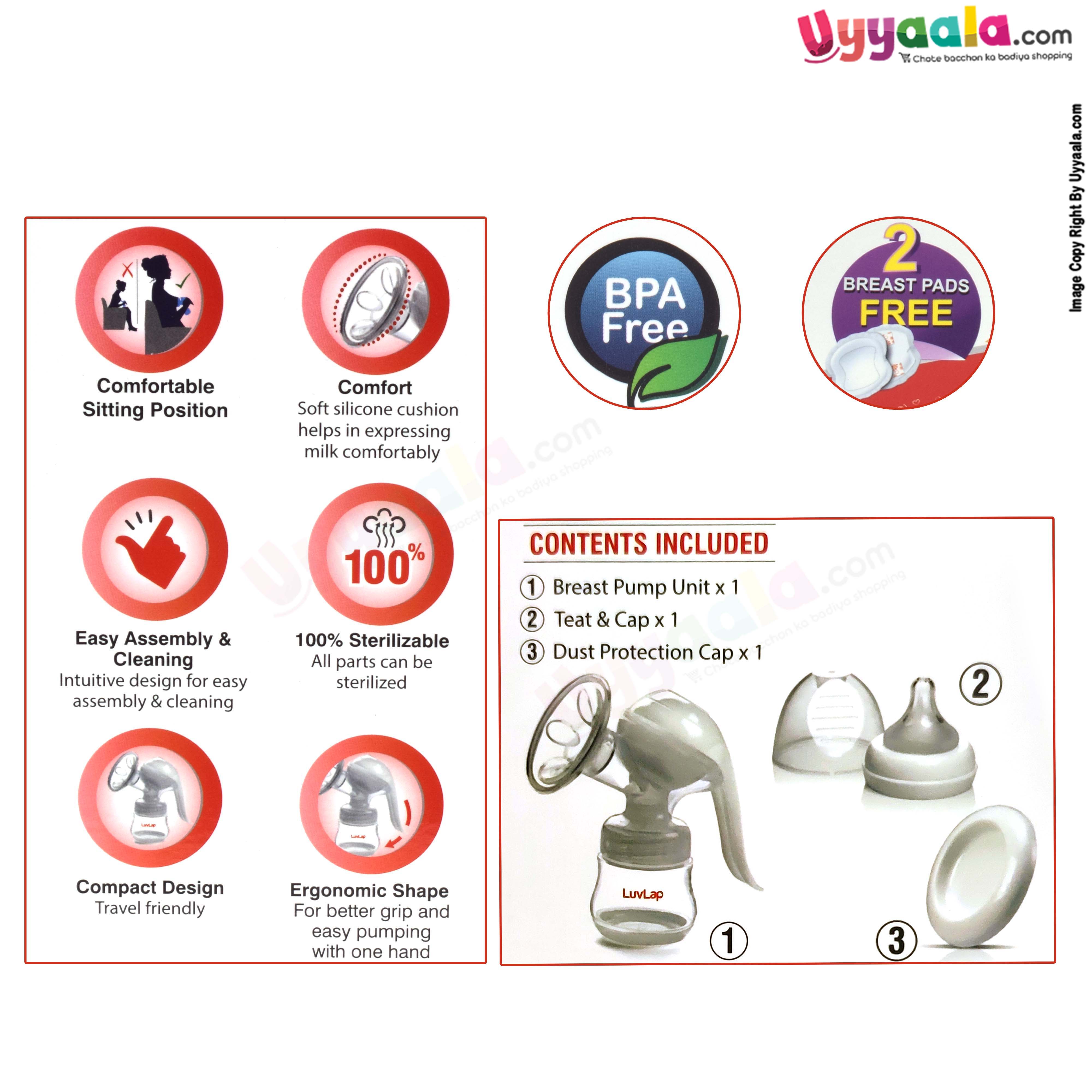 LUVLAP Blossom Manual Breast Pump with 2 Breast Pads Free