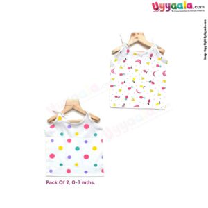 SNUG UP Sleeveless Baby Jabla Set, Top Opening Tie knot Lace Model, Premium Quality Cotton Baby Wear, Fruits & Dots Print, (0-3M), 2Pack - White