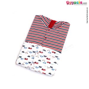 MAGIC TOWN Hooded Sleep Suits For Babies, 2Pcs - Stripes & Car Print, Red & White, (9-12m)