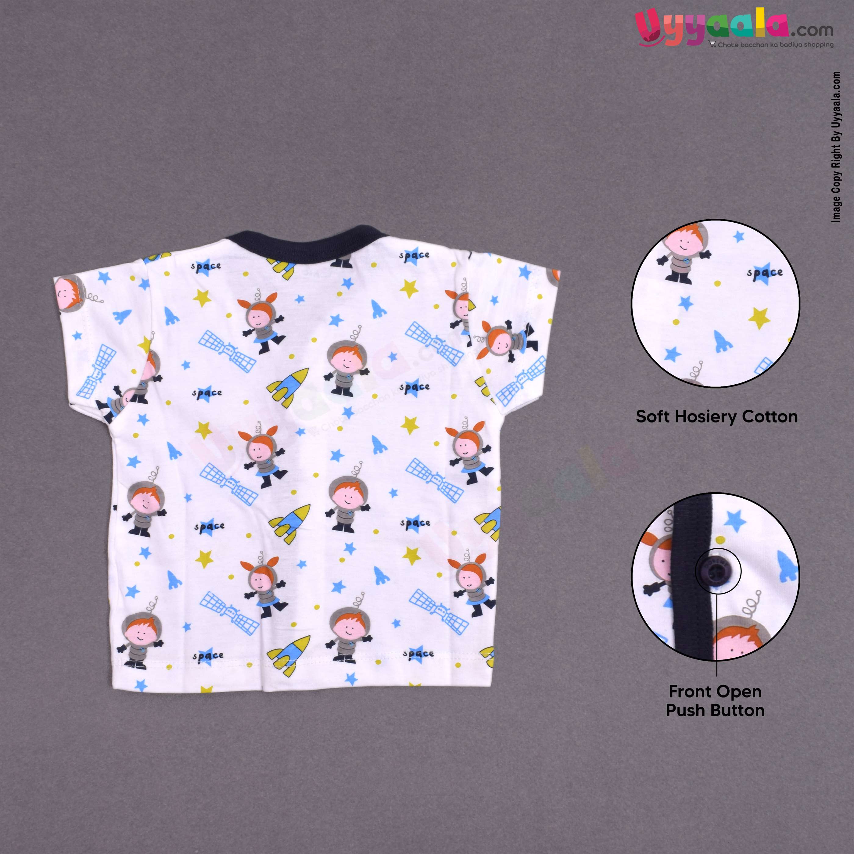 Doreme half sleeve hosiery cotton jablas - white with cartoon print