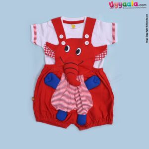 WOW, Branded Short Sleeve Dungaree For Boys & Girls Elephant Character Soft Hosiery Cotton Blend - Red & White