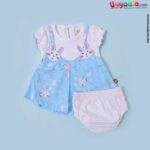 WOW, Branded Short Sleeve Frock with Bloomer For Girls Soft Hosiery Cotton - Blue & White with Rabbit Patch & Print
