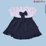 WOW, Branded Short Sleeve Frock with Bow & Bloomer Back Open Button Model For Girls Soft Hosiery Cotton - White with Stars Print & Black with Checks Print