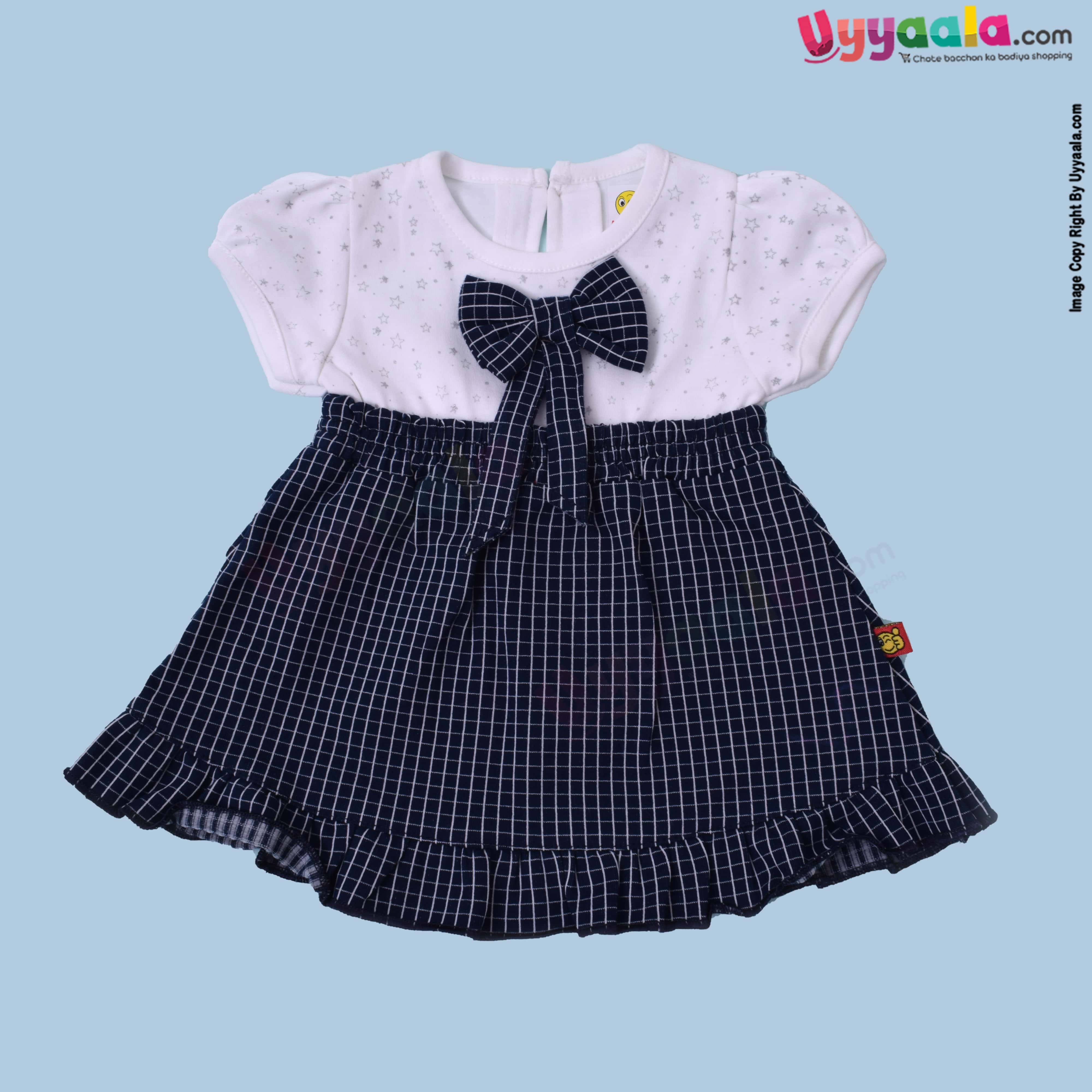 WOW, Branded Short Sleeve Frock with Bow & Bloomer Back Open Button Model For Girls Soft Hosiery Cotton - White with Stars Print & Black with Checks Print
