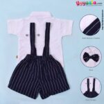 WOW, Branded Short Sleeve Dungaree with Bow Front Open Button Model Soft Hosiery Cotton, Mouse Patch - White & Navy Blue with White stripes