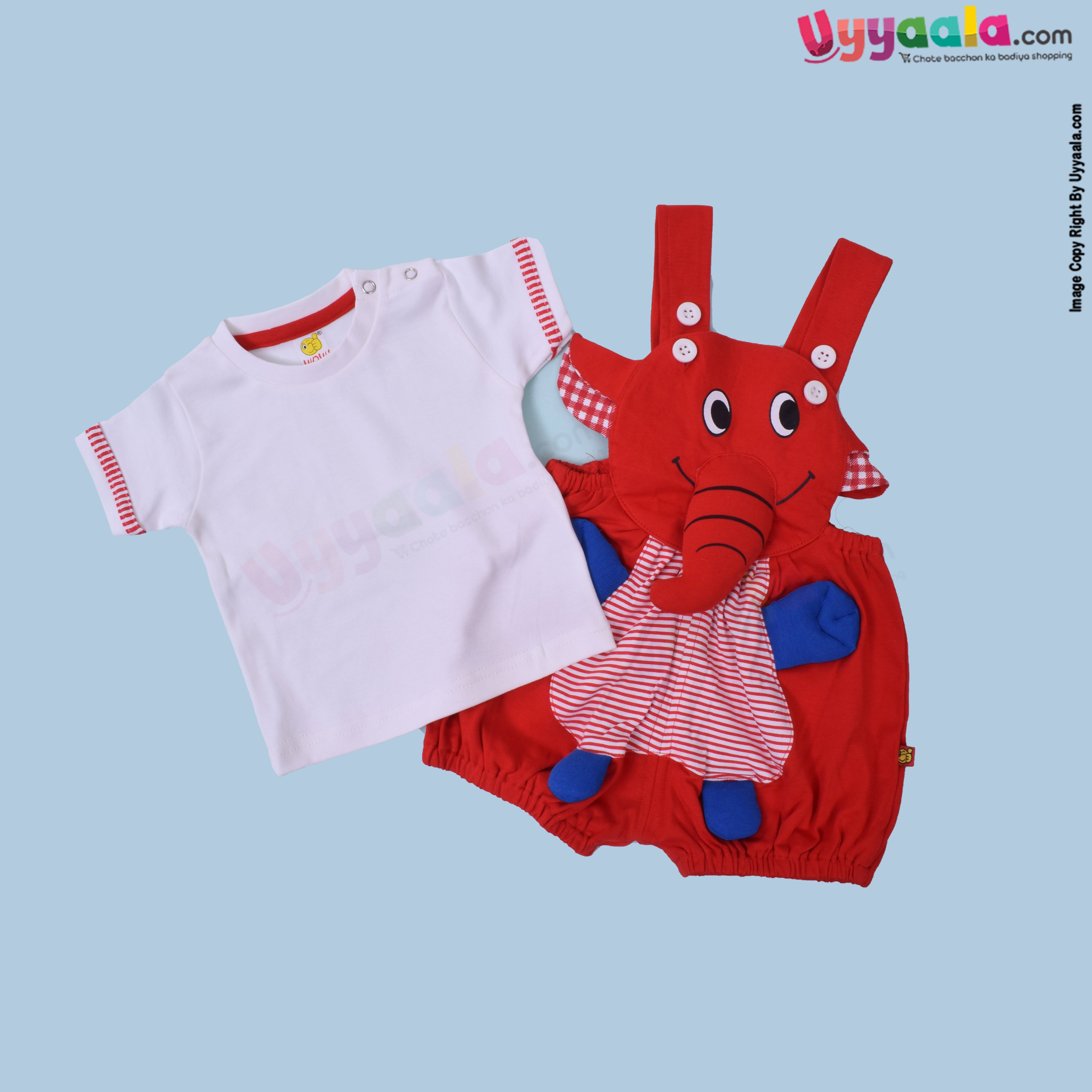 WOW, Branded Short Sleeve Dungaree For Boys & Girls Elephant Character Soft Hosiery Cotton Blend - Red & White