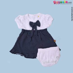WOW, Branded Short Sleeve Frock with Bow & Bloomer Back Open Button Model For Girls Soft Hosiery Cotton - White with Stars Print & Black with Checks Print