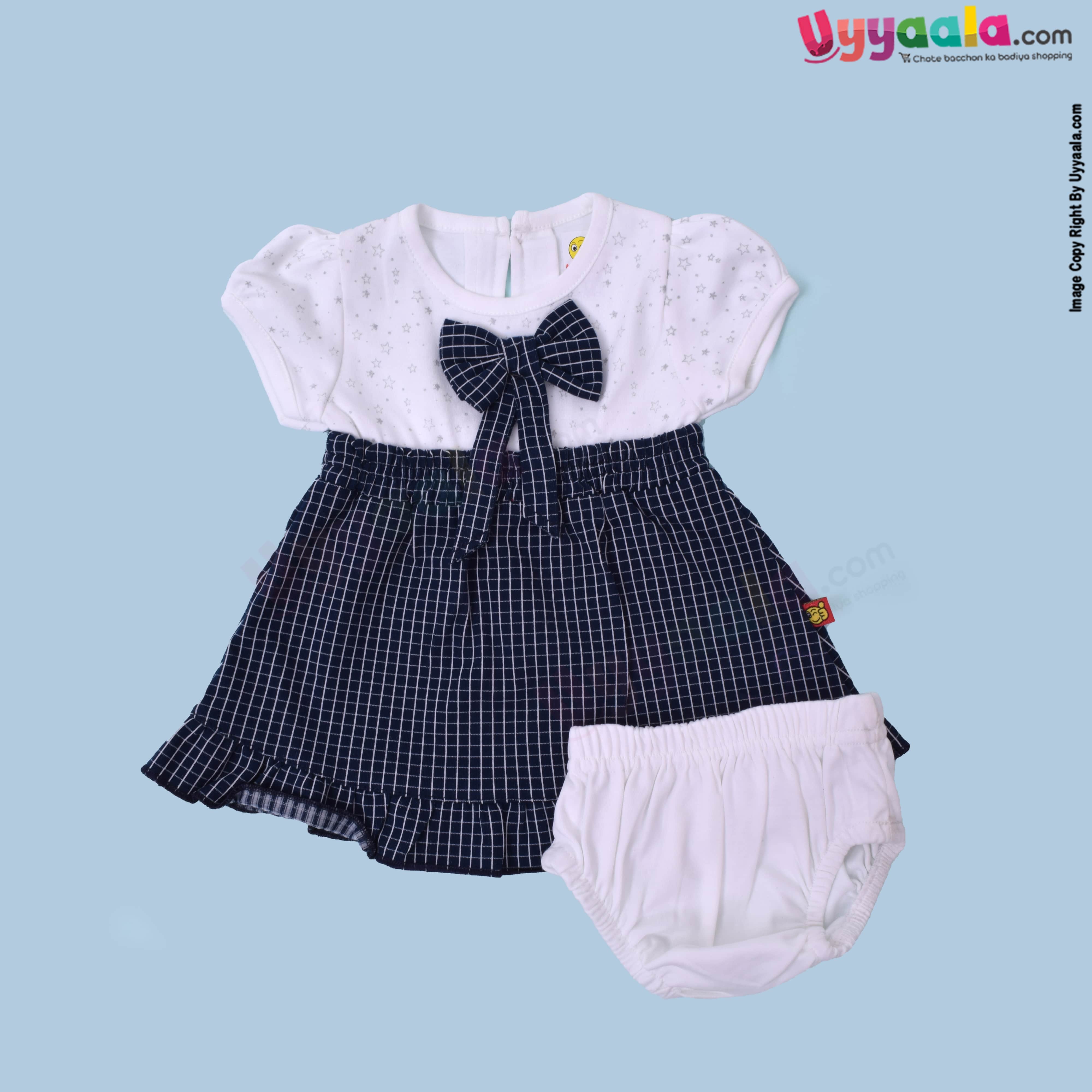 WOW, Branded Short Sleeve Frock with Bow & Bloomer Back Open Button Model For Girls Soft Hosiery Cotton - White with Stars Print & Black with Checks Print