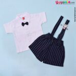 WOW, Branded Short Sleeve Dungaree with Bow Front Open Button Model Soft Hosiery Cotton, Mouse Patch - White & Navy Blue with White stripes
