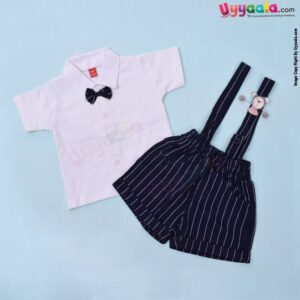 WOW, Branded Short Sleeve Dungaree with Bow Front Open Button Model Soft Hosiery Cotton, Mouse Patch - White & Navy Blue with White stripes