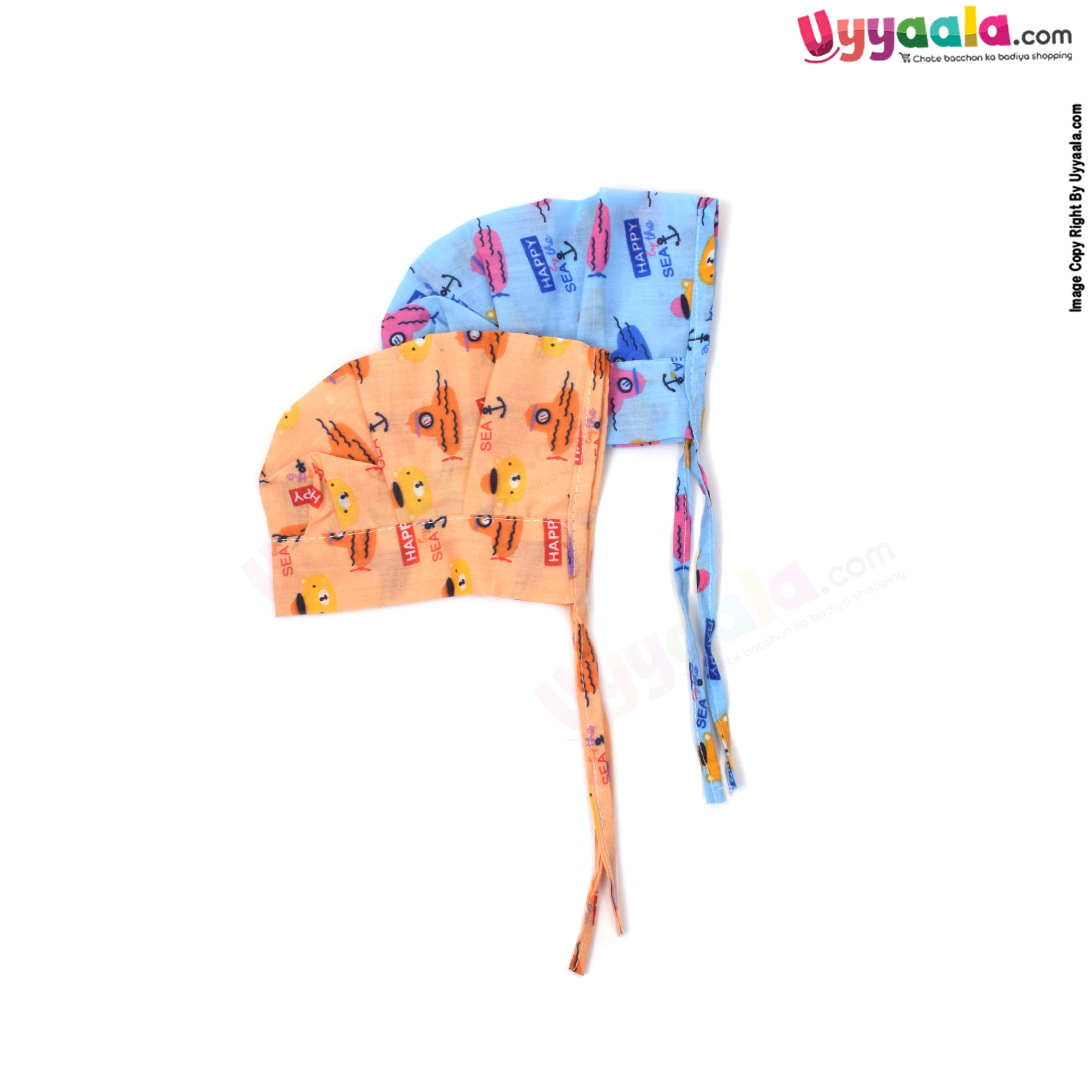 Baby tying cotton caps with teddy bear and Ship print (Pack of 2)
