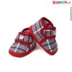 Baby cloth shoes for newborn with bear patch with checks print (0-3M) age - red