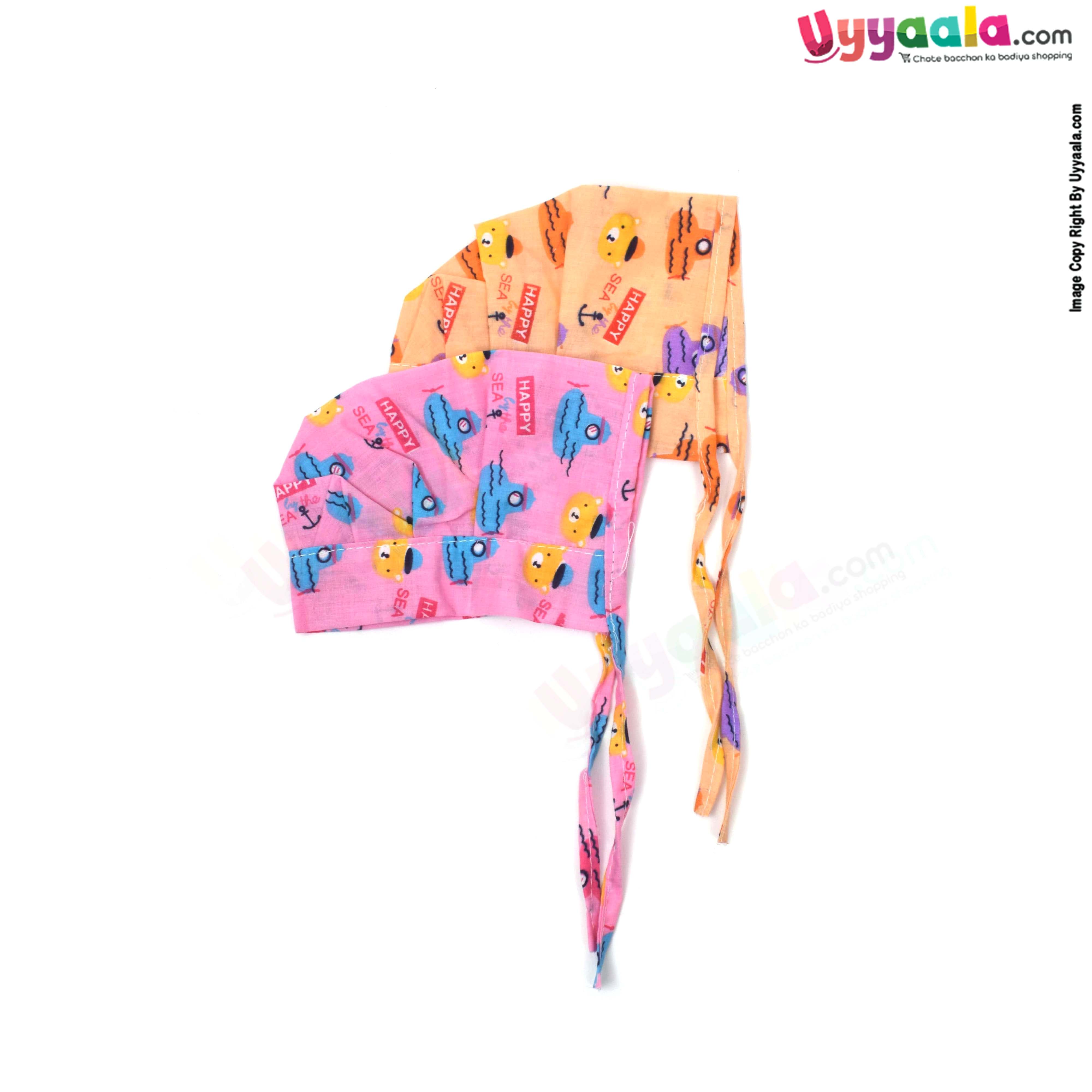 Baby tying cotton caps with teddy bear and ship print (Pack of 2)
