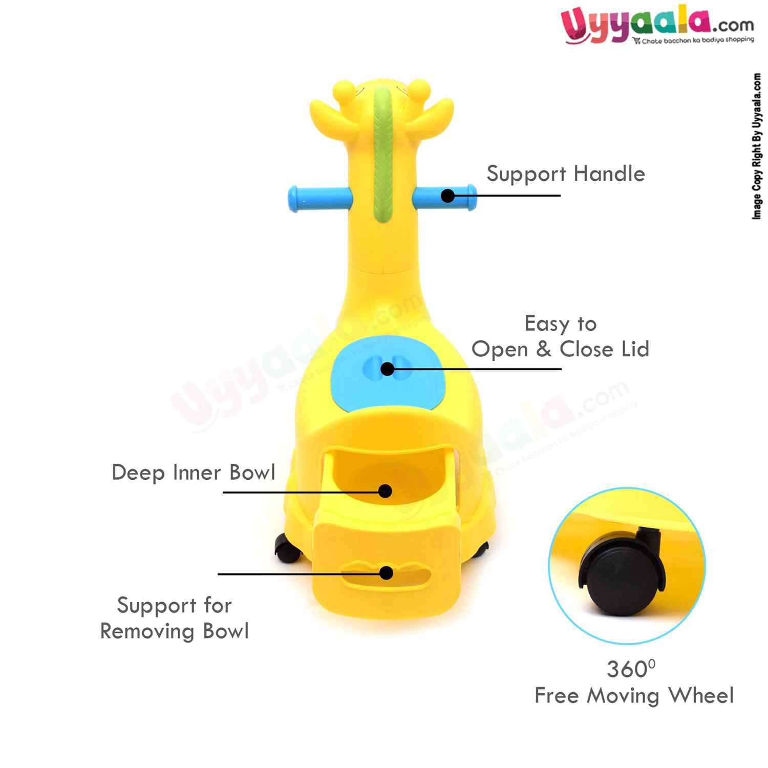 BAYBEE Giraffe Potty Training Seat with Movable 360 Degrees Rotatable Wheels, Removable Tray & Closing Lid for Kids 9+m Age - Yellow
