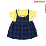 WOW, Branded Short Sleeve Frock with Back Open Push Button Model For Girls Soft Hosiery Cotton - Yellow with Meow print & Navy Blue with Checks Model