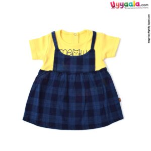 WOW, Branded Short Sleeve Frock with Back Open Push Button Model For Girls Soft Hosiery Cotton - Yellow with Meow print & Navy Blue with Checks Model