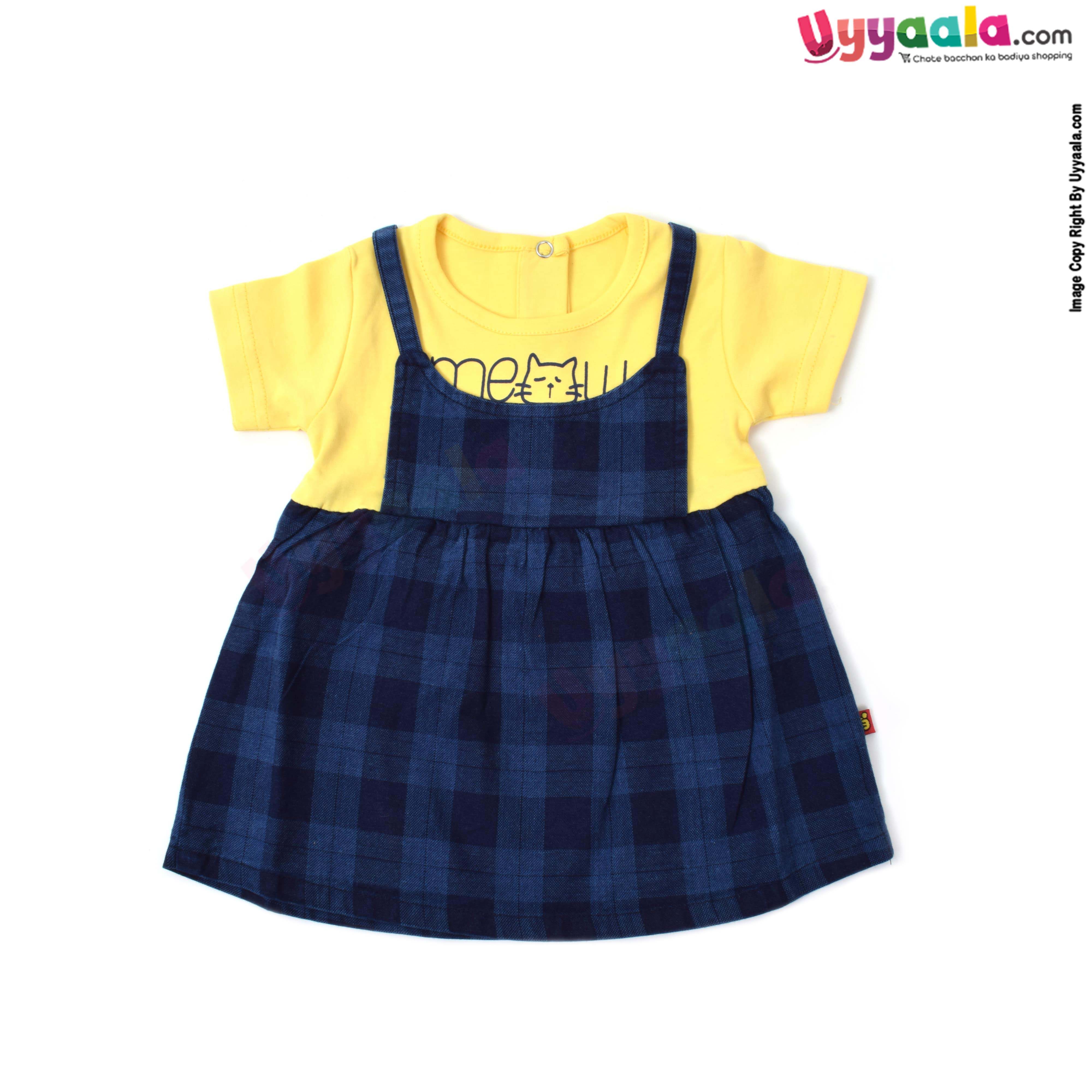 WOW, Branded Short Sleeve Frock with Back Open Push Button Model For Girls Soft Hosiery Cotton - Yellow with Meow print & Navy Blue with Checks Model