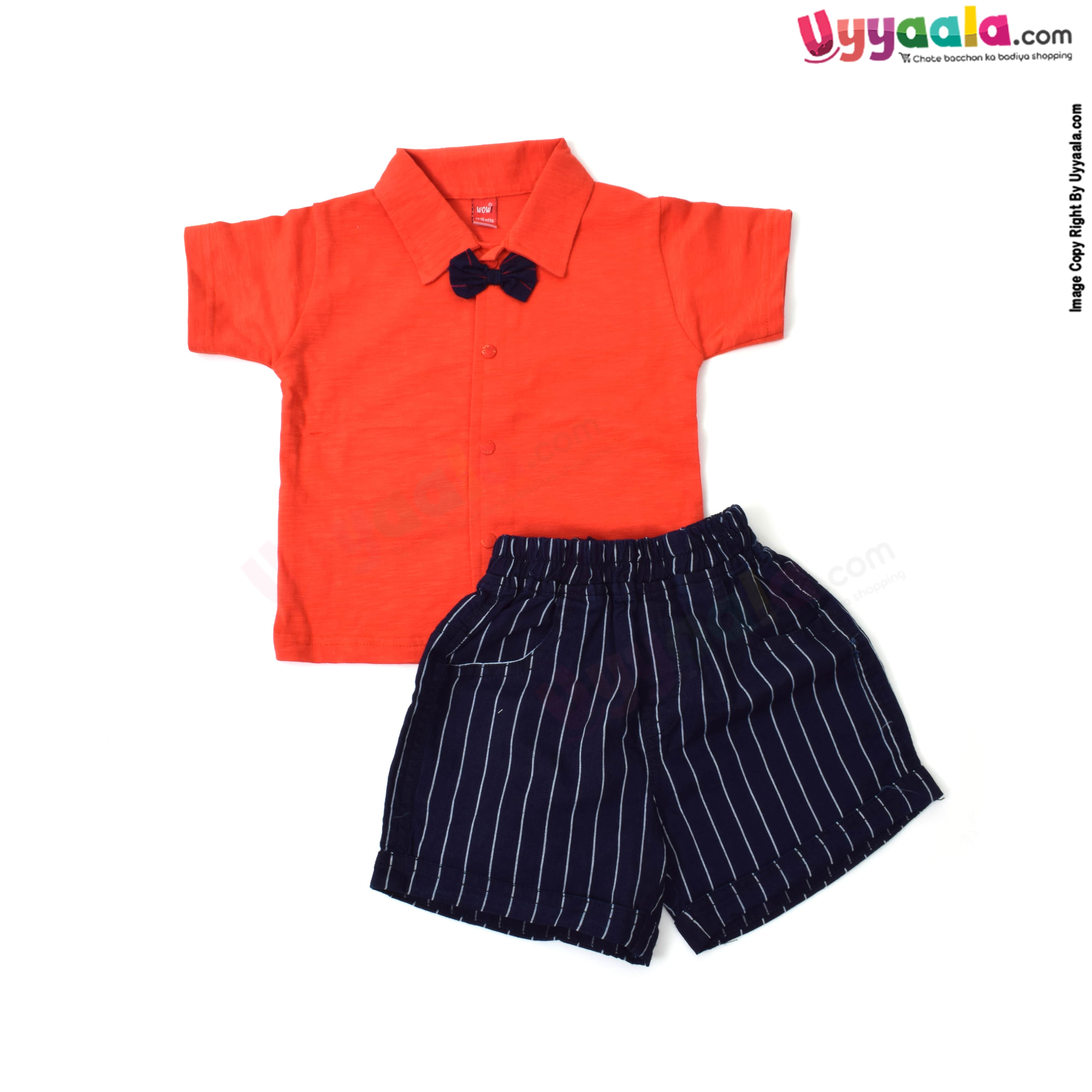 WOW, Branded Short Sleeve Dungaree Front Open Button Model Soft Hosiery Cotton, Mouse Patch - Red & Navy Blue with White stripes