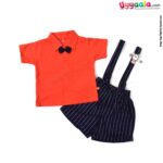 WOW, Branded Short Sleeve Dungaree Front Open Button Model Soft Hosiery Cotton, Mouse Patch - Red & Navy Blue with White stripes