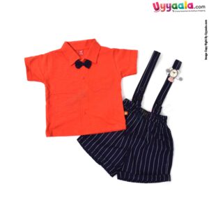 WOW, Branded Short Sleeve Dungaree Front Open Button Model Soft Hosiery Cotton, Mouse Patch - Red & Navy Blue with White stripes