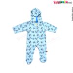 WOW, Branded Full Sleeves Footed Sleep Suit with Hood Front Open Push Button Model Soft Hosiery Cotton - Blue with Flower Print