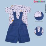 WOW, Branded Short Sleeve Dungaree For Boys & Girls Soft Hosiery Cotton - Blue & White with Multi-Prints