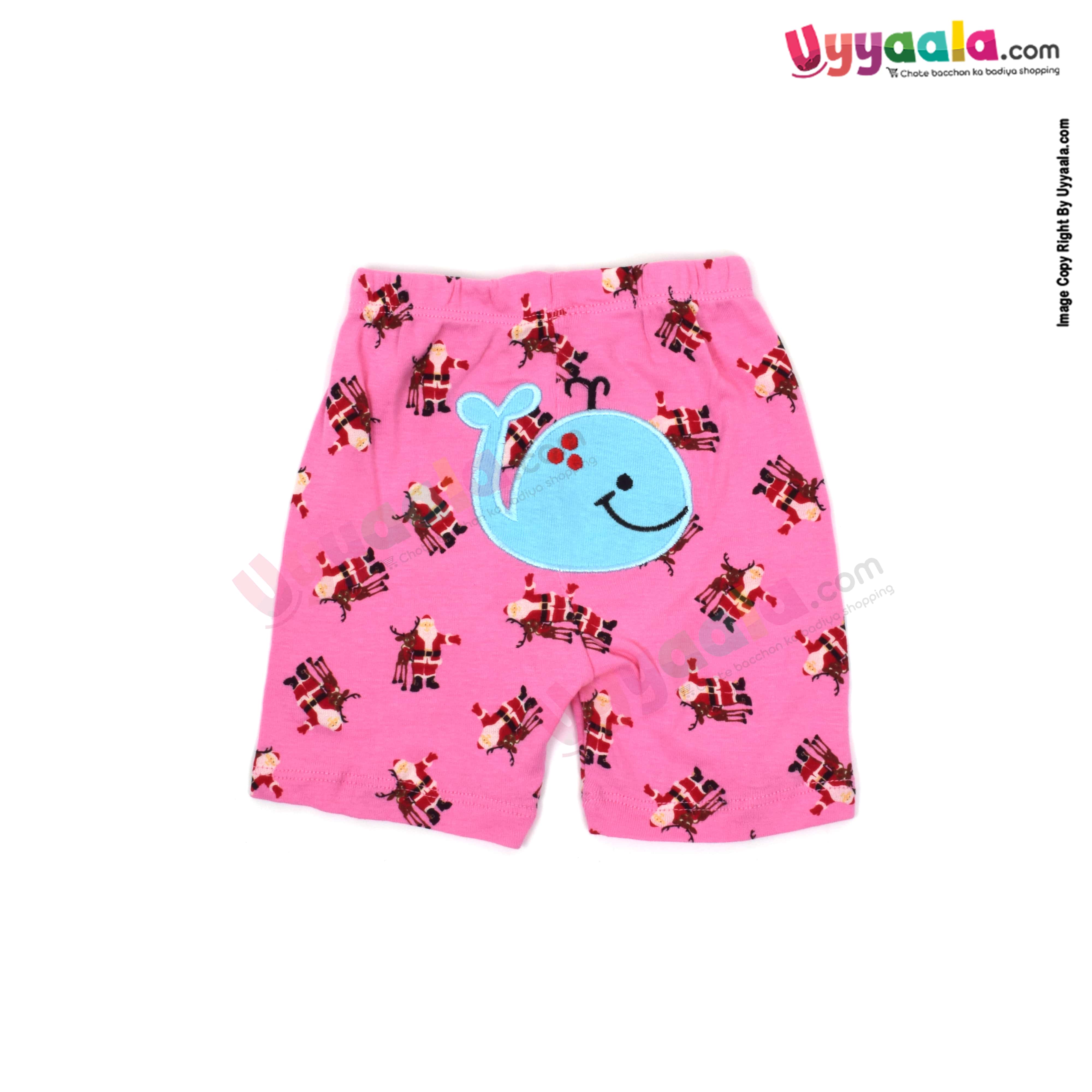 Carters Butterfly new born shorts 100% hosiery cotton - pink with santa claus print & whale patch work