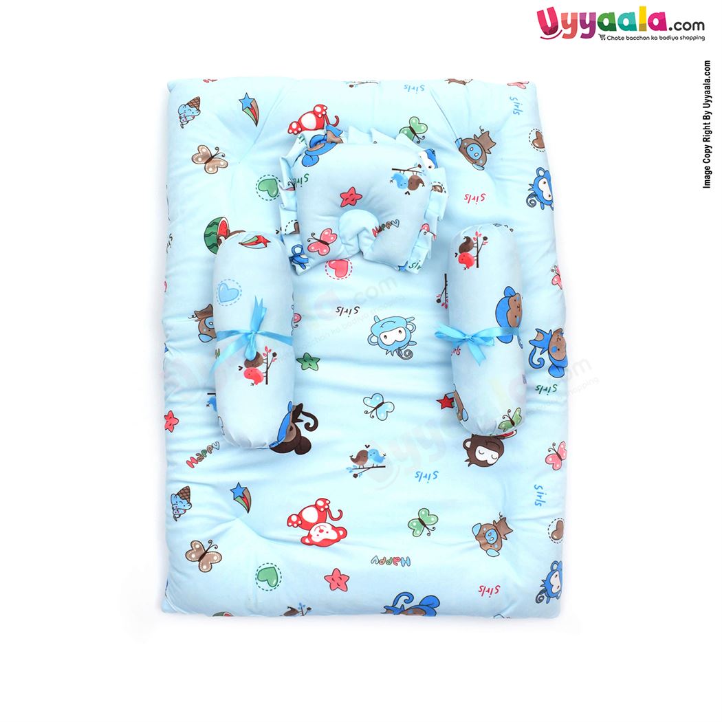 Baby velvet Bedding Set of 4 with Bolster and Pillow, Monkey Print 0 to 12m Age-uyyala-com.myshopify.com-Bedding-Happy Babies