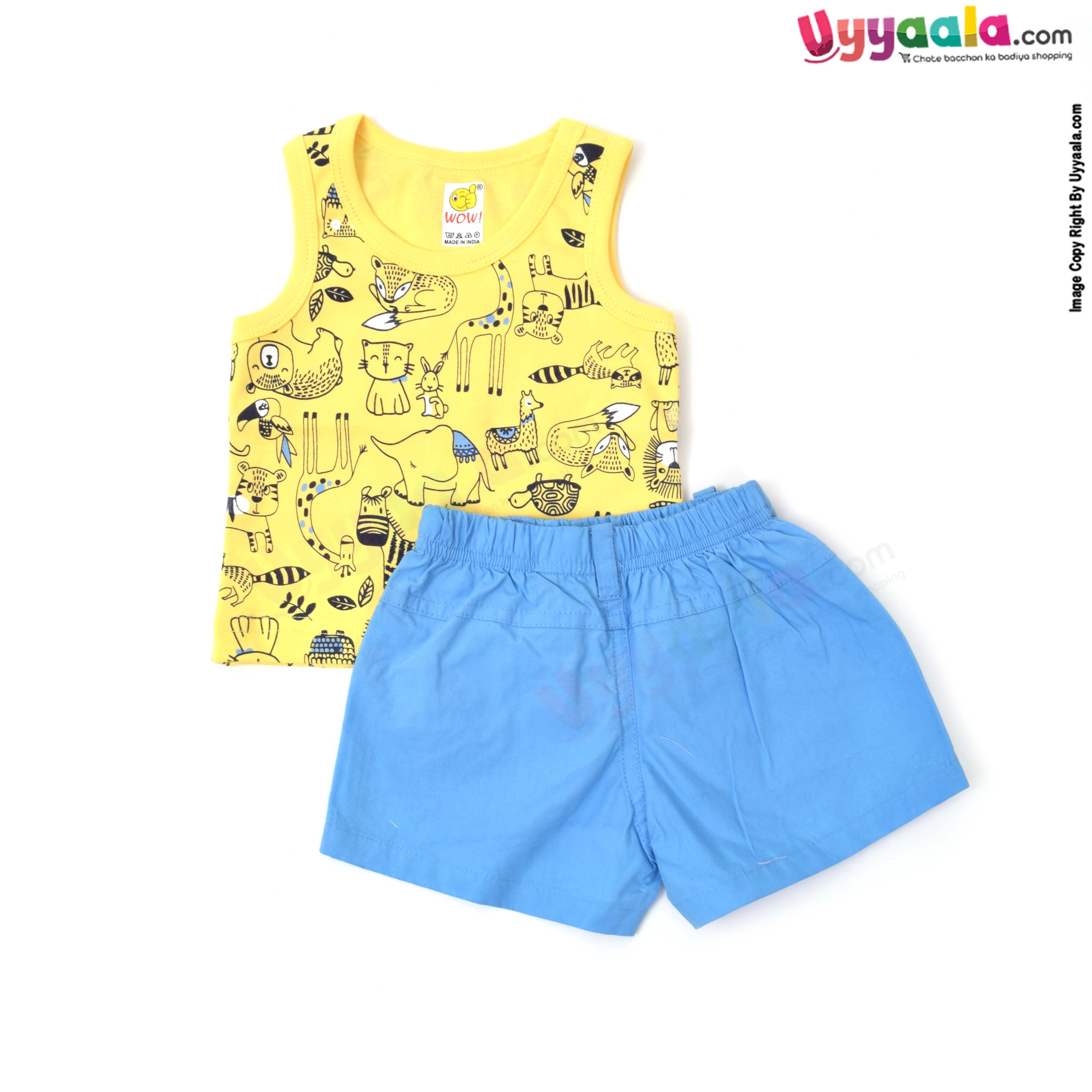 WOW, Branded Summer Sleeveless Dress Set Tee & Short for Boys Soft Hosiery Cotton - Blue & Yellow with Animals Print