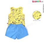 WOW, Branded Summer Sleeveless Dress Set Tee & Short for Boys Soft Hosiery Cotton - Blue & Yellow with Animals Print