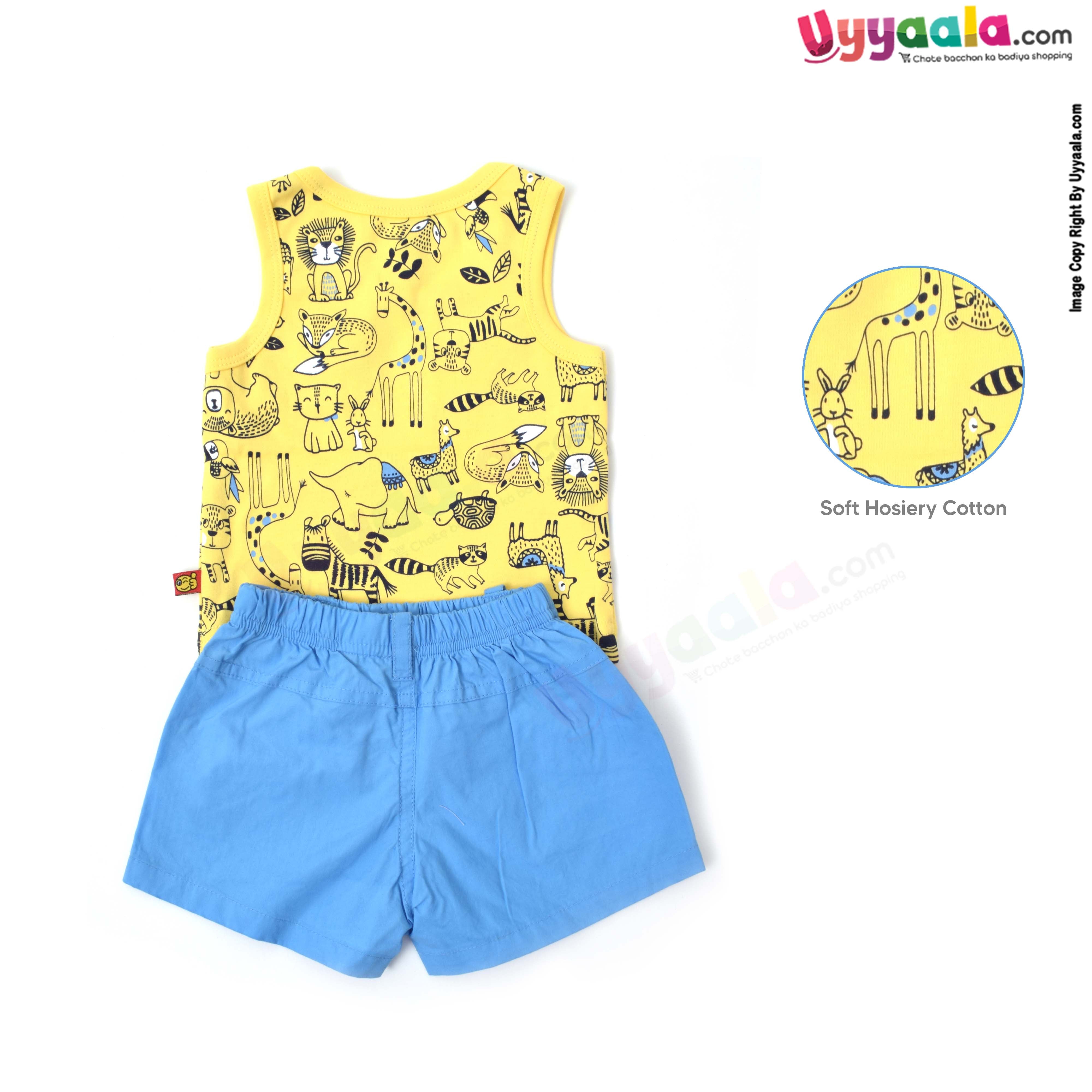 WOW, Branded Summer Sleeveless Dress Set Tee & Short for Boys Soft Hosiery Cotton - Blue & Yellow with Animals Print