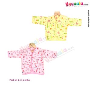 Mother Choice Jablas front open full sleeve 100% Hosiery cotton pack of 2 (3-6m) - pink & yellow with assorted print