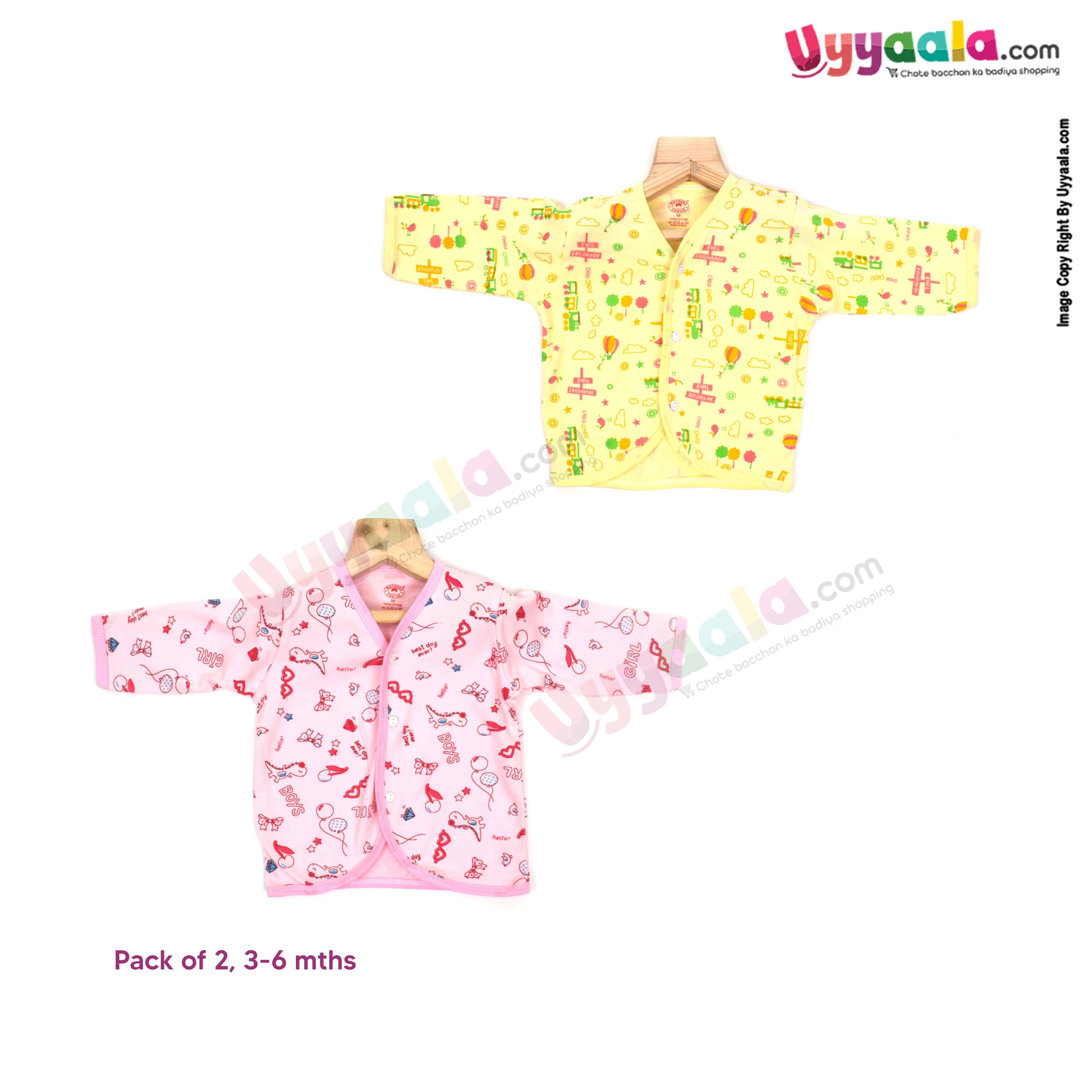 Mother Choice Jablas front open full sleeve 100% Hosiery cotton pack of 2 (3-6m) - pink & yellow with assorted print